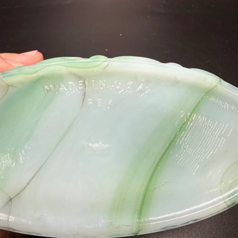 Vintage Akro Agate Green Slag Glass Oval Ribbed Planter Bowl Made in USA 6x3x2.5 - Picture 4 of 5